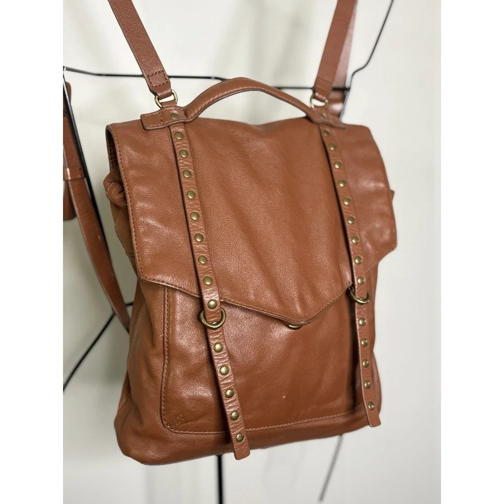 Lucky Brand Leather Brown Cognac Backpack Gold Studded Adjustable‎ Straps